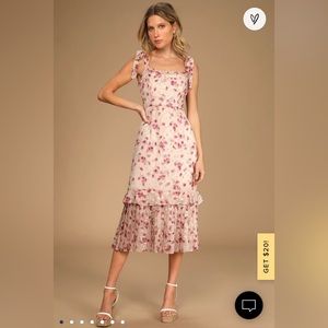 Lulus Terrace Views Taupe Floral Print Tiered Midi Dress